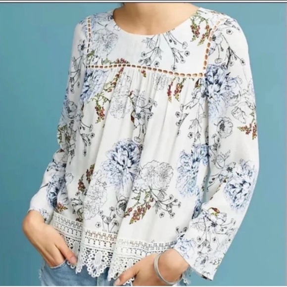 Maeve Tops - Maeve White and Blue‎ Floral Blouse